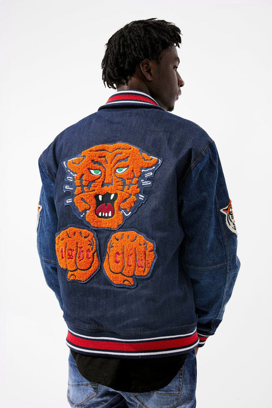 Crouching Tiger Denim Varsity Jacket - Dark Blue - 91628