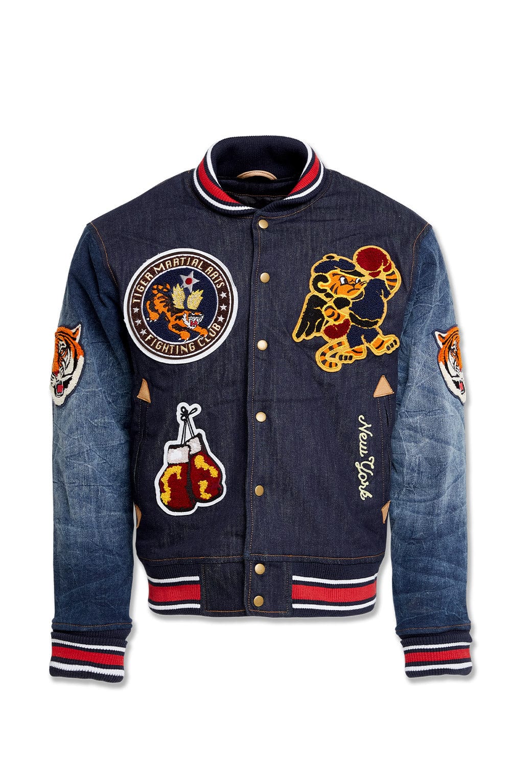 Crouching Tiger Denim Varsity Jacket - Dark Blue - 91628