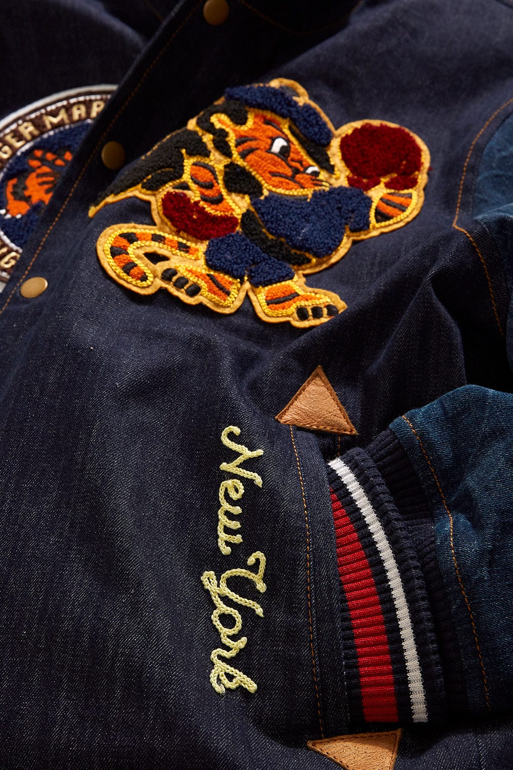 Crouching Tiger Denim Varsity Jacket - Dark Blue - 91628