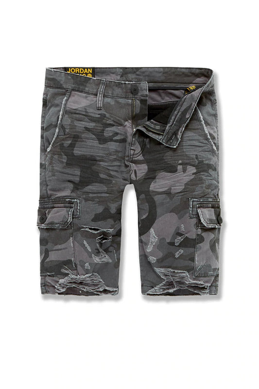 WAR TORN CARGO SHORTS - BLACK CAMO