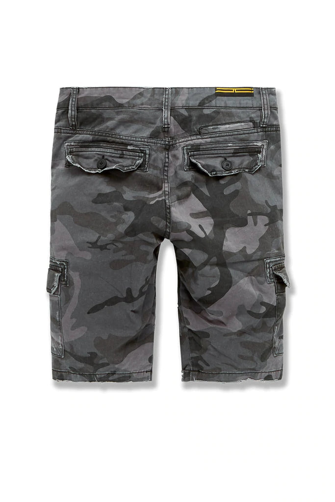 WAR TORN CARGO SHORTS - BLACK CAMO